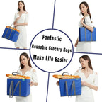 NERUB Reusable Grocery Bags Shopping Bags Grocery Tote Bag with Reinforced Bottom Heavy Duty Handles (Set of 3, Blue/Gray/Wave)