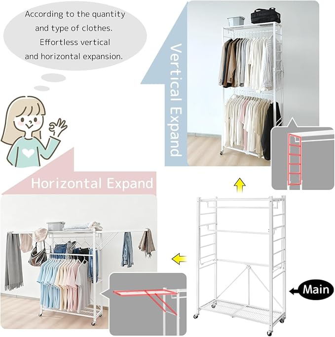 lumizone Folding Clothing Rack with Wheels Expandable Wardrobe Portable Clothes Rack for Hanging Clothes Adjustable Closet Sh