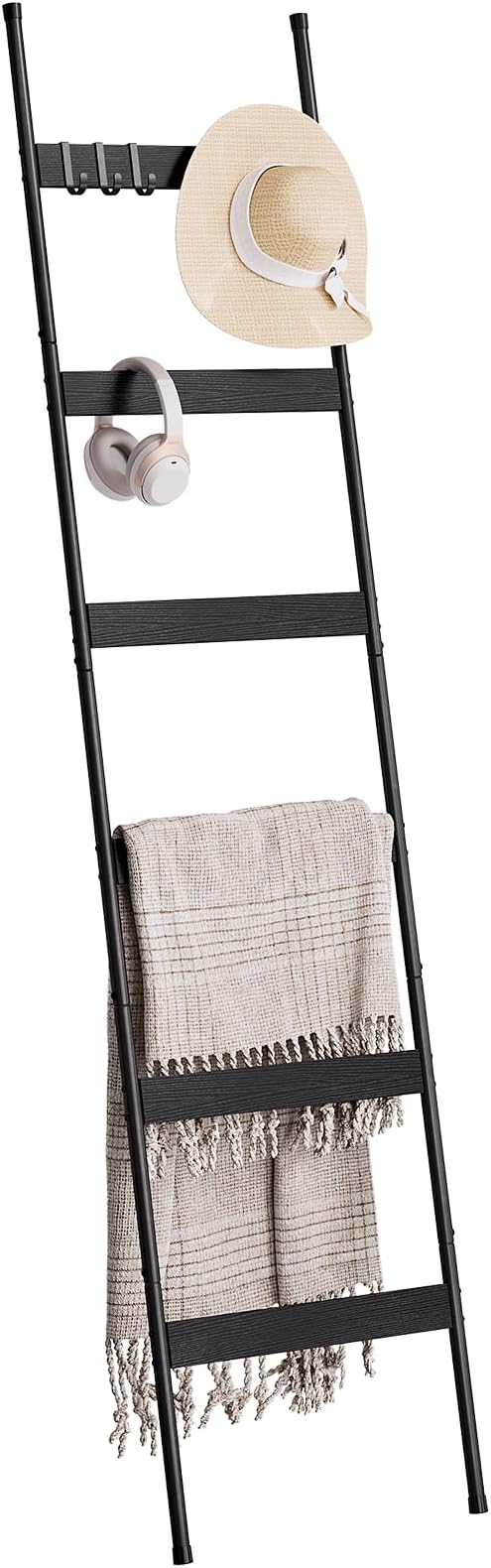 ELYKEN Blanket Ladder for Living Room, Farmhouse 6-Tier Quilt Holder with 4 Removable Hooks for Bathroom, Wood Towel Rack Dis