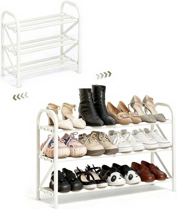 3-Tier Shoe Rack for Closet, 16"-32" Expandable ShoeRackAdjustable for Entryway Closet Doorway SturdyMetal, White