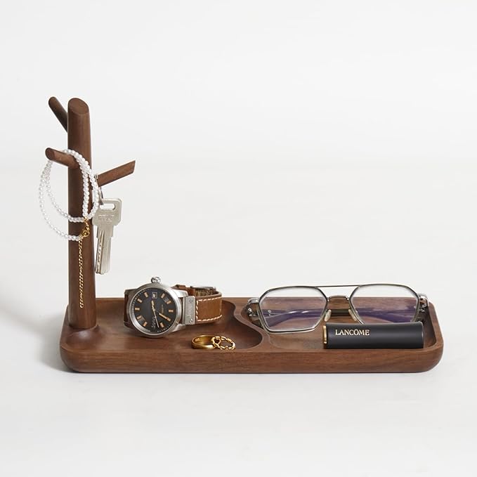 Black Walnut Solid Wood Key Dish Bowl for Entryway Table Square Tray With 3 Hooks, Open Storage for Keys, Wallet, Jewelry (Wa