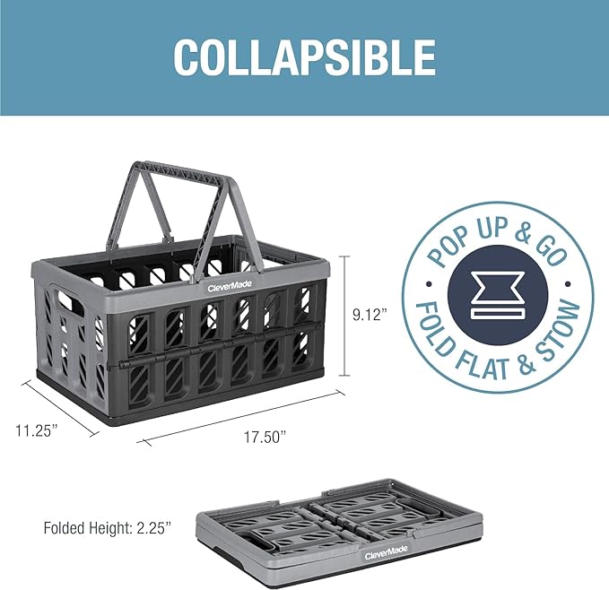 CleverMade Eco Collapsible Shopping Basket with Handles, 24L Stone, 3 Pack