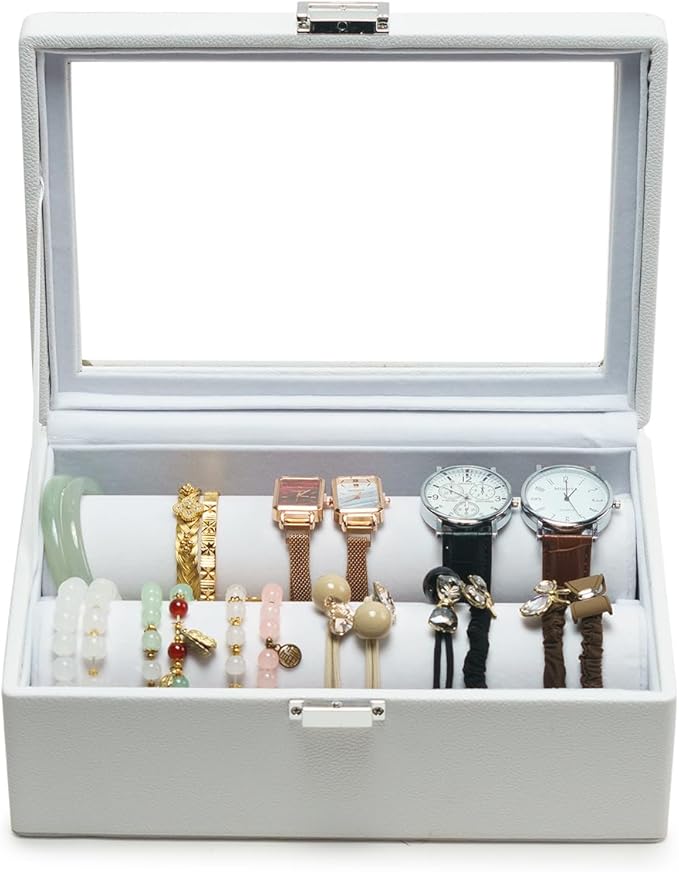 Bracelets Organizer Rods Bangles Display Holder, Clear See through Lid Leather Velvet Jewelry Storage Box Case for Women, 2 R