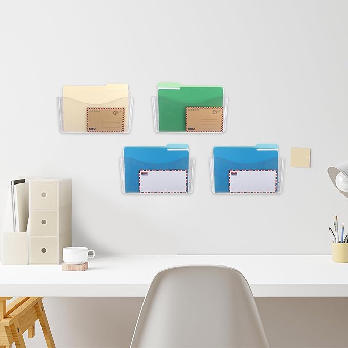 EASEPRES 4 Pack Clear Single Pocket Hanging File Organizer, Plastic Wall Mount Paper Mails Magazines Holder, Mounted Folder B