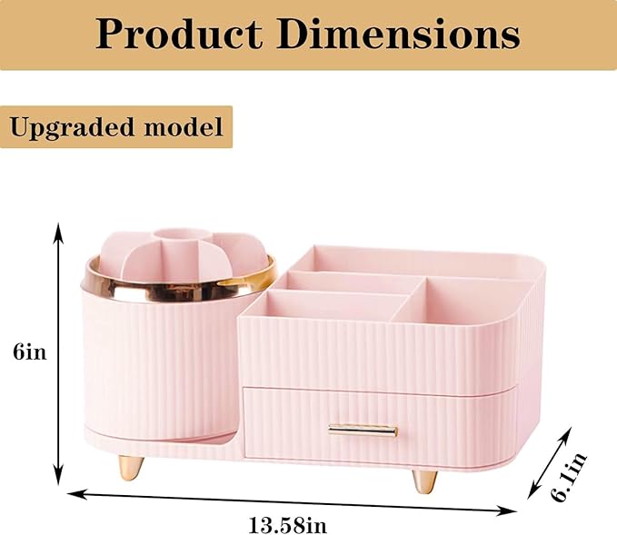 Rotating Makeup Organizer for Vanity with Brush Holder and Drawer, Cosmetic Makeup Storage, Large Spinning Makeup Skincare Or