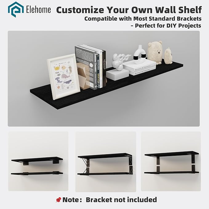 Floating Shelf Board for Wall 5/8" – No Brackets – 36" L x 12" W x 0.6" T Black Melamine Wood Floating Shelves for Bathroom, 