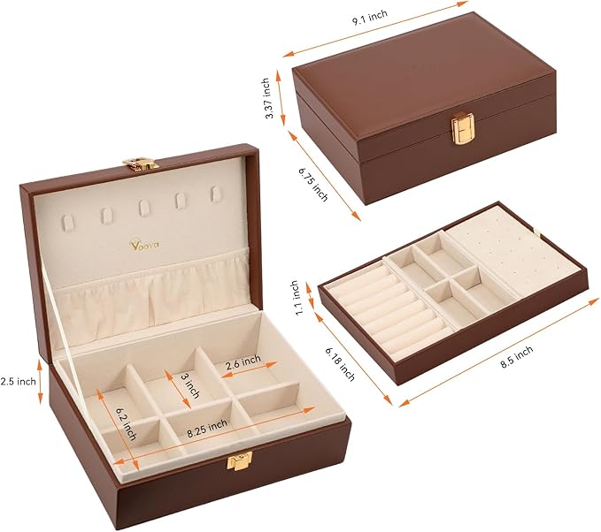 Voova Jewelry Box Organizer for Women Girls, 2 Layer Large Men Jewelry Storage Case, PU Leather Display Jewellery Holder with