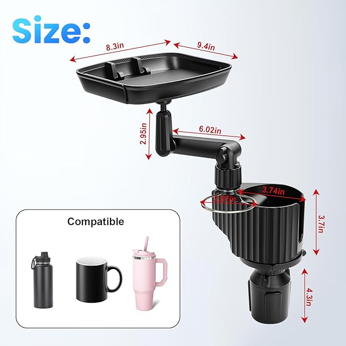 Car Cup Holder Tray Table 10-inch Car Food Tray Portable 4-in-1 Car Cup Holder Extender 360° Rotating with Phone Holder Essen