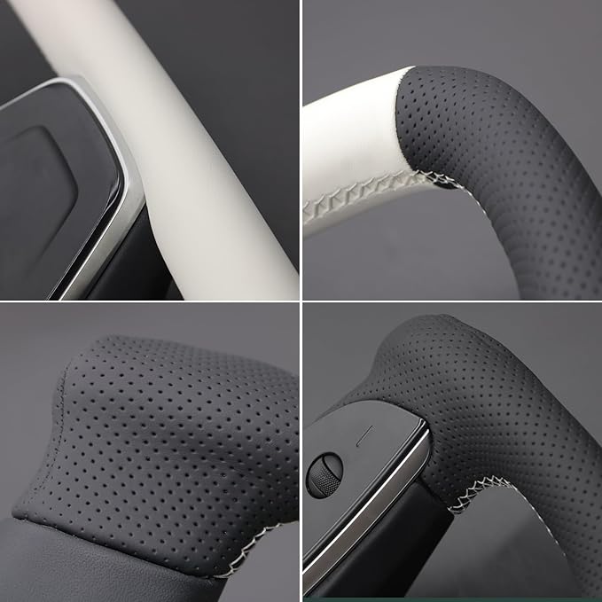 MEWANT Hand Stitched White Leather Steering Wheel Cover Wrap for Tesla Model S 2021-2023 / Model X 2021-2023 Steering Wheel Accessories