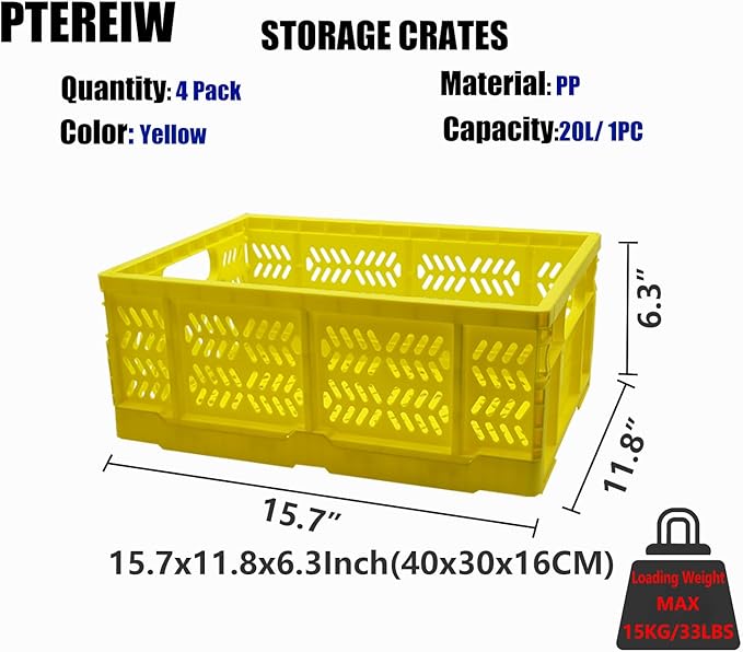 20L Folding Crate, 4Pack Plastic Storage Baskets Organizer for Home and Office,Collapsible Storage Crates for Home Office and