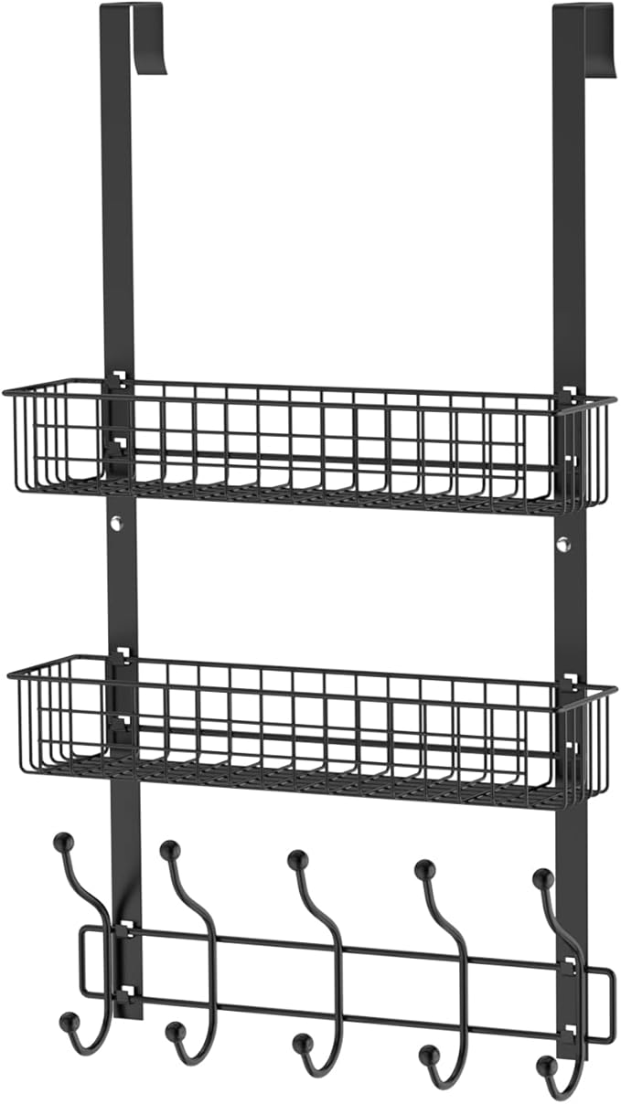 Coat Rack, Over The Door Hanger with Mesh Basket, Detachable Storage Shelf for Towels, Hats, Handbags, Coats (Black-2 Baskets