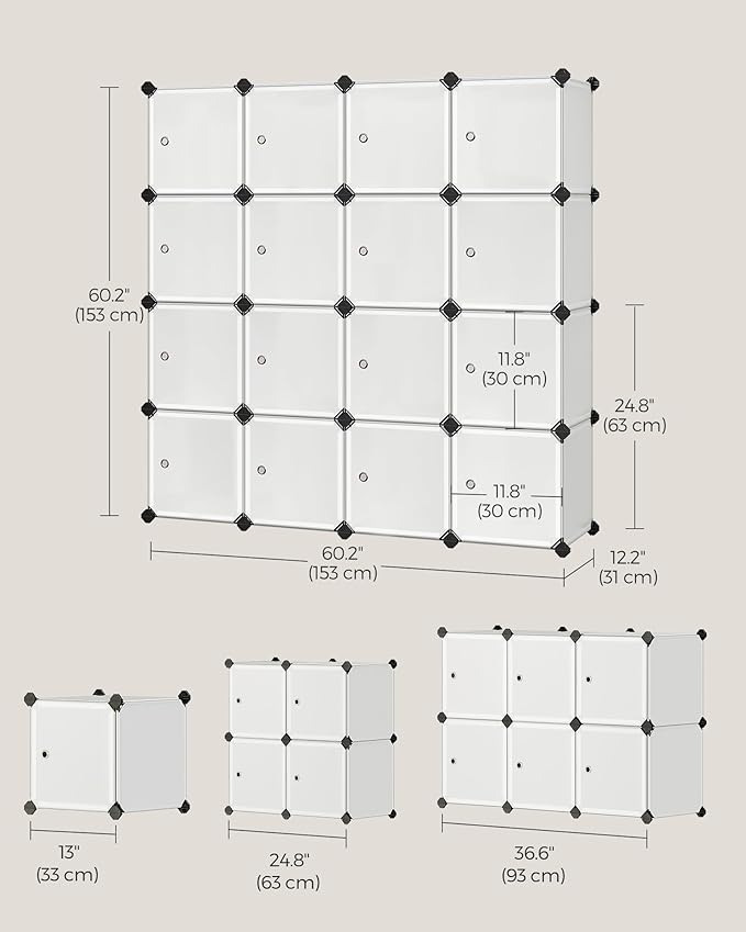 SONGMICS Cube Storage Organizer, Set of 16 Plastic Cubes, Closet Storage Shelves, DIY Plastic Closet Cabinet, Modular Bookcas