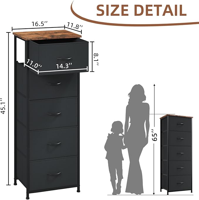 Somdot Tall Dresser for Bedroom with 5 Drawers, Storage Organizer Chest of Drawers with Removable Fabric Bins for Closet Beds