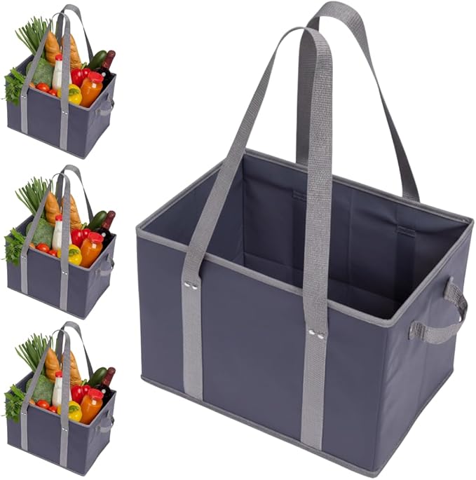 BAG-THAT! 4pk Reusable Grocery Bags Shopping Bags Tote Box Large Heavy Duty Groceries Bag Handles Foldable Reinforced Bottom (Navy Blue/Gray)
