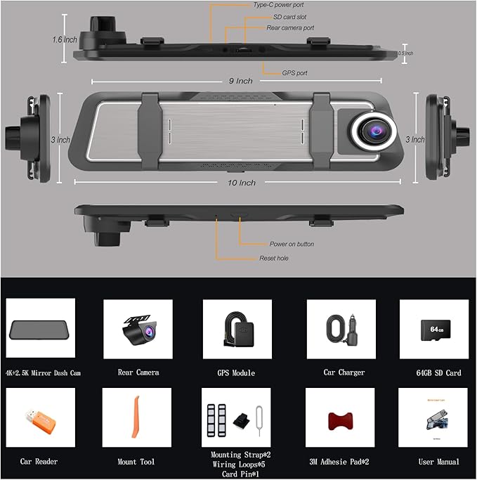 Mirror Dash Cam 4K Front and 2.5K Rear, IMX415 Rearview Mirror Camera for Cars, 5.8GHz WiFi, WDR, G-Sensor, Night Vision, Rev