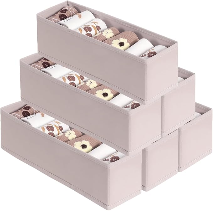 MURRI&MURRDI 6-Pack Foldable Fabric Sock Drawer Organizer, Small Dresser Drawer Organizer for Clothes, Storage Divider Bins f