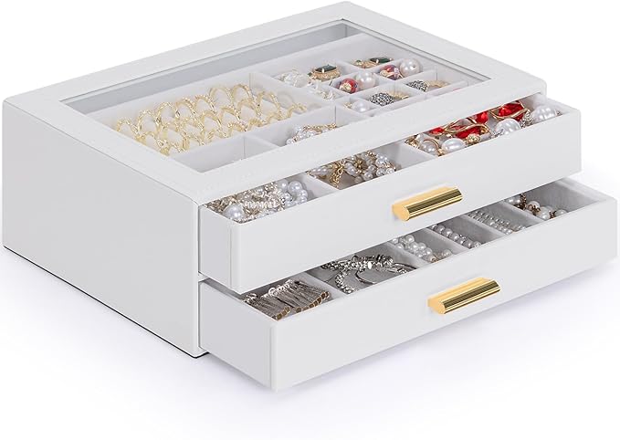 AKOZLIN Jewelry Box with Clear Lid Functional Leather Jewelry Storage Organizer Case 2 Drawers for Women Girls Necklace Ring 