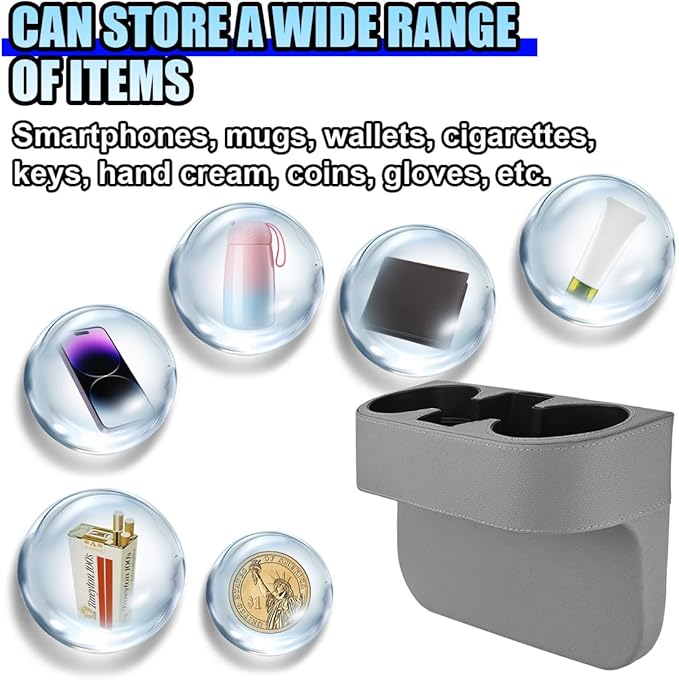 Car Cup Holder, PU Leather Auto Front Console Gap Filler Organizer, Multifunctional Cup Drink Holder, Car Seat Gap Filler Storage Box, Coin Bucket, Cell Mobile Phone Holder (Grey)