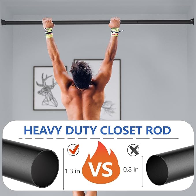Closet Rod, 17 to 68 Inch Closet Rods for Hanging Clothes, Heavy Duty Adjustable Clothes Hanging Bar Rod Matte Black Closet P