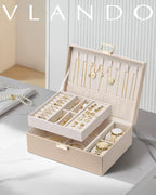 VLANDO Jewelry Organizer,2 Layer Jewelry Box Large Jewelry Organizer for Women Removable Jewelery Tray with Watch Pillow for 