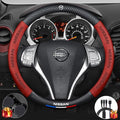 Customized Steering Wheel Cover Compatible with Nissan, Nappa Leather & Carbon Fiber Design Car Steering Wheel Cover, with Coasters and 3-in-1 USB Fast Charging Cable (Red)