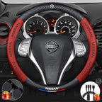 Customized Steering Wheel Cover Compatible with Nissan, Nappa Leather & Carbon Fiber Design Car Steering Wheel Cover, with Coasters and 3-in-1 USB Fast Charging Cable (Red)