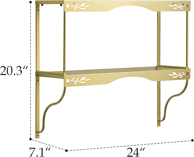Elegant Gold Wall Shelf — 2 Tier Decorative Metal Storage Floating Shelf with Openwork Floral Pattern, 20" x 24"