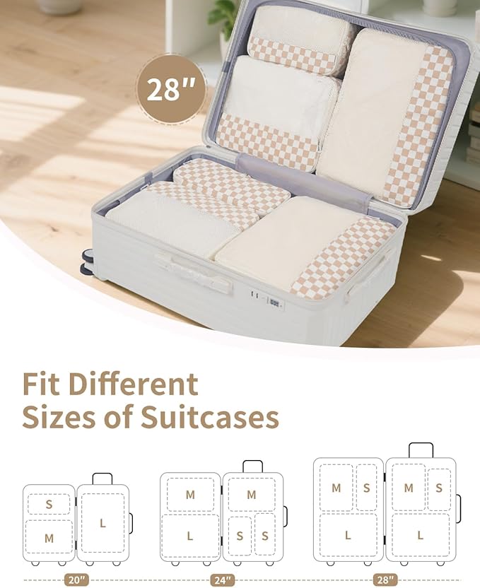 Narwey 7 Set Checkered Packing Cubes for Travel Carry on Suitcase Luggage Organizer Bags for Kids Women Men, Durable Packing 
