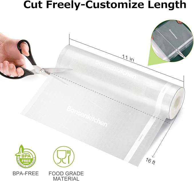 [2025 Upgraded] Bonsenkitchen 6 Rolls 11" x 16' Vacuum Sealer Bags for Food with a Color Box, Easy to Store, Commercial Grade