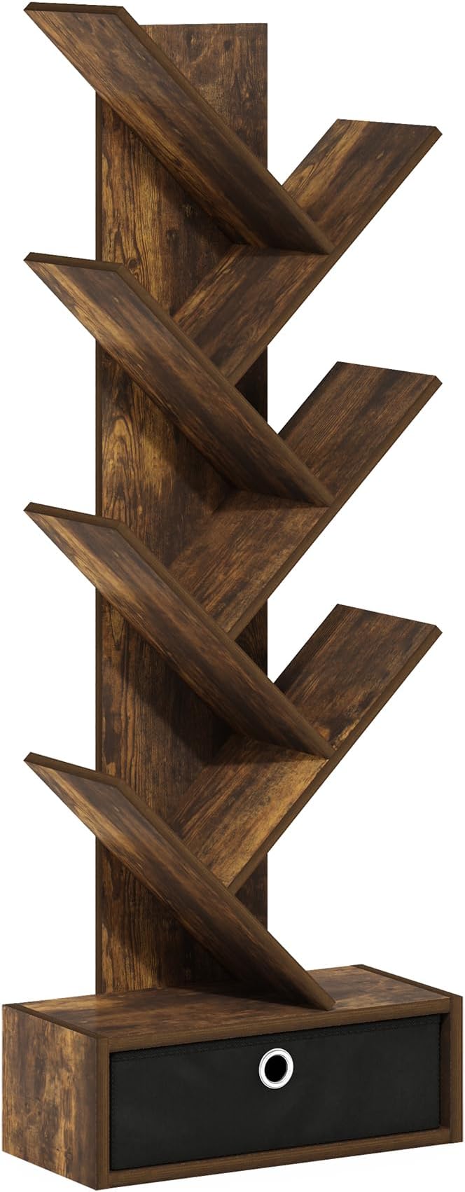 Furinno Tree Book Shelf, 7-Tier Bookshelf, Tree Bookcase with Bin Drawer, 8.4 x 16.9 x 46.2, for Living Room, Bedroom, Home O