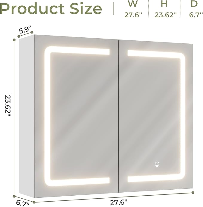 DICTAC Bathroom Medicine Cabinet with Mirrors and Led Lights 27.6x23.62 inch Double Doors Wall Mounted Mirror Cabinet with St