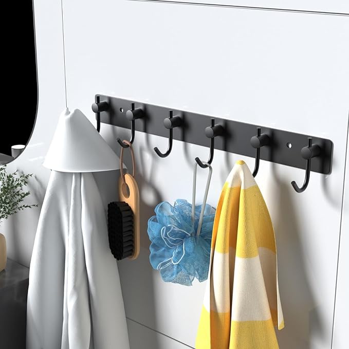 VAEHOLD Wall Hooks for Hanging, Black Coat Rack Wall Mount with 6 Coat Hooks, Towel Hanger, Hat Hooks, Robes Hook in Bathroom