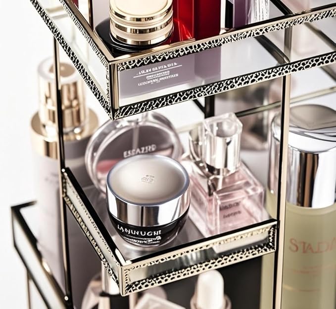 Hersoo 360 Rotating Glass Makeup Organizer, Spinning Vanity Cosmetic Storage with Multi-Layer Compartments, Luxury Countertop
