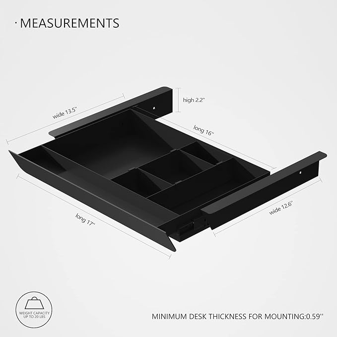 Under Desk Mounted Sliding Pull-out Drawer with Pencil Tray and Slide Storage Tray, 17'' long & 13.5'' deep Large Storage Org