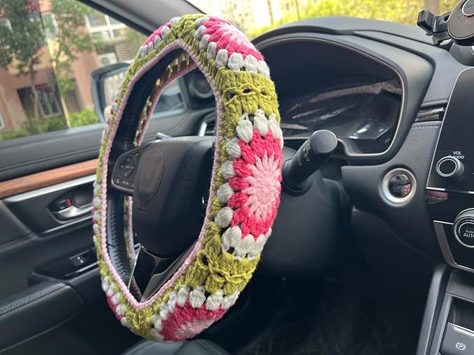 Crochet Sunflower Car Steering Wheel Covers Universal 14-15 inch for Women/Men (A,Steering Wheel Cover)