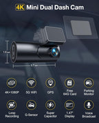 GKU Dash Cam Front and Rear Camera,4K+1080P, 5.8GHz WiFi & GPS Dash Camera for Cars,with 64G SD Card,1.47" Display Dashcam, 2