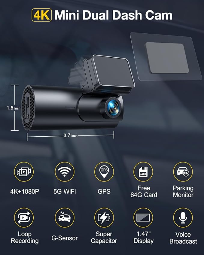 GKU Dash Cam Front and Rear Camera,4K+1080P, 5.8GHz WiFi & GPS Dash Camera for Cars,with 64G SD Card,1.47" Display Dashcam, 2