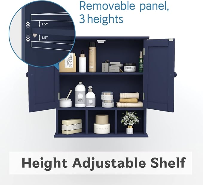 TaoHFE Blue Bathroom Over The Toilet Storage Cabinet,Wall Medicine Cabinet Organizer with 2 Door Adjustable Shelves,Wooden Mo