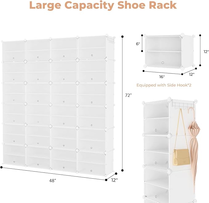 Shoe Rack Organizer 12 Tier Shoe Storage Cabinet with Door 96 Pair Tall Shoes Rack Expandable Free Standing Sturdy Plastic Ea
