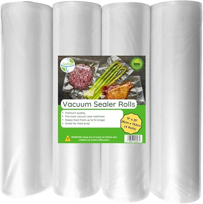 EverFresh 11" x 25' Vacuum Sealer Rolls, 4 Pack | 15% THICKER Embossing | Compatible with FoodSaver Machines, BPA Free, Comme