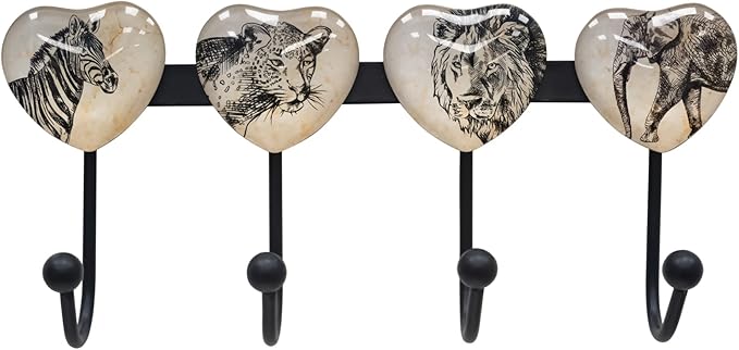 Coat Rack Wall Mounted with 4 Hook, Heart Glass Finishes Animal Pattern Elephant Lion Zebra Leopard Decorative Wall Hooks for