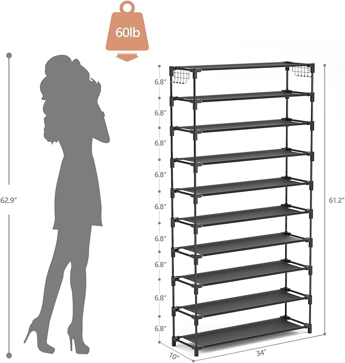 LANTEFUL 10 Tiers Shoe Rack 50 Pairs Large Capacity Tall Shoe Organizer Sturdy Shoe Storage with Two Hooks Space Saving Metal