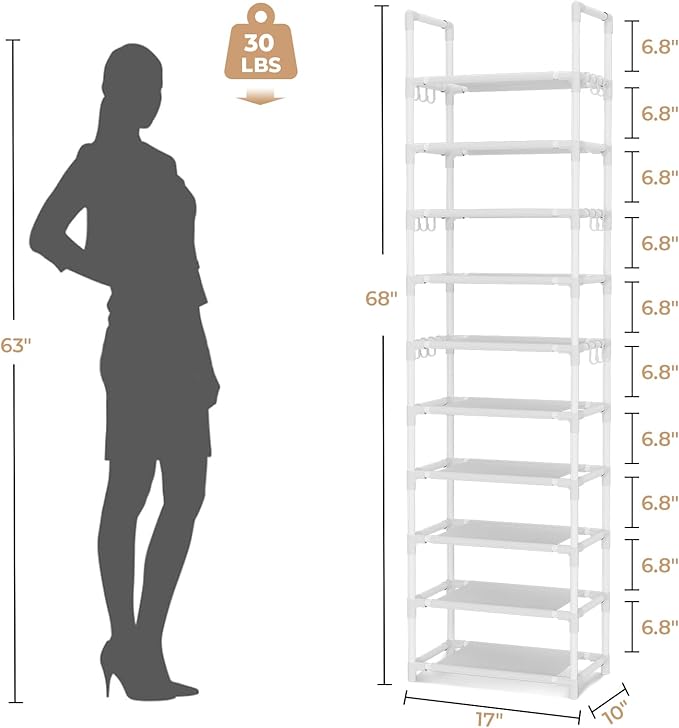 VTRIN 10 Tiers Tall Shoe Rack Holds 20-25 Pairs of Shoes Sturdy Vertical Shoe Organizer with 18pcs Hooks Stackable Narrow Sho