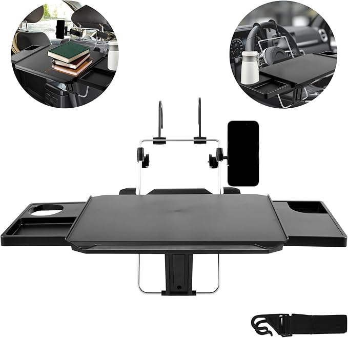 2 in 1 Steering Wheel Tray Back Seat Headrest Tray w Phone Holder, Car Steering Wheel Desk for Car Laptop Mount, Car Food Tray Table for Eating Drink and Writing Laptop Work, Travel Car Accessories