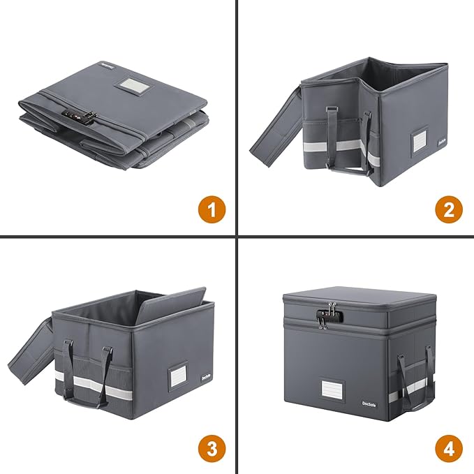 DocSafe File Box with Lock,Multi-Layer Fireproof Document Box Collapsible File Storage Organizer with Pockets/Handle,Large Po