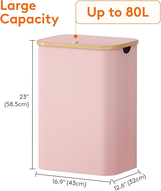 Lifewit 80L Laundry Basket with Lid, Clothes Hampers for Laundry with Bamboo Handles and 1 Removable Bag, Large Foldable Laun