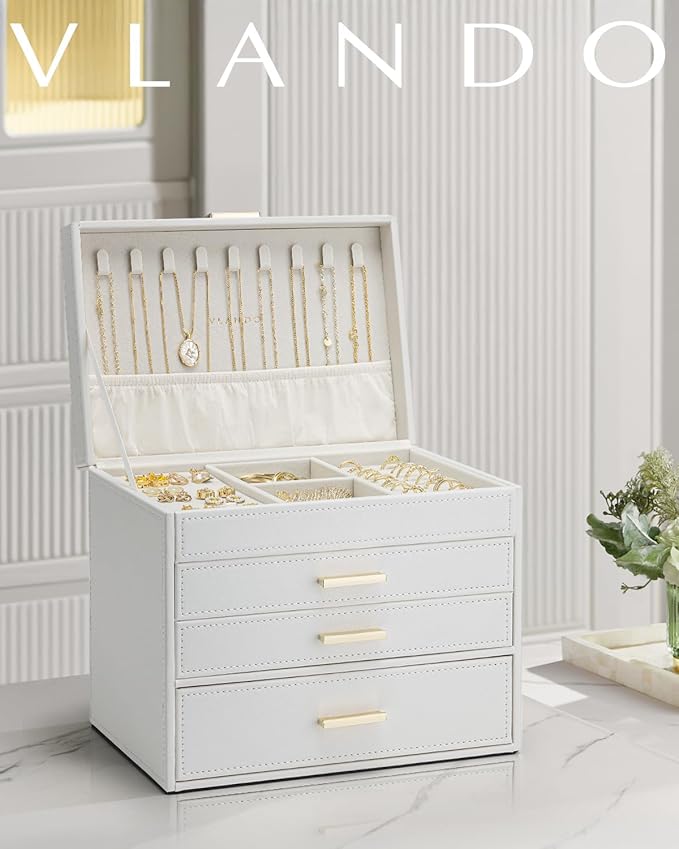 Vlando 4 Layer Large Jewelry Box - Jewelry Holder Organizer, Jewelry Box Organizer for Drawer Necklace Ring Bracelet and Watc