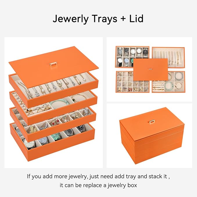 Voova Stackable Jewelry Organizer Tray with Lid, PU Leather Jewelry Storage Holder for Drawer Inserts, Jewellery Display Box 