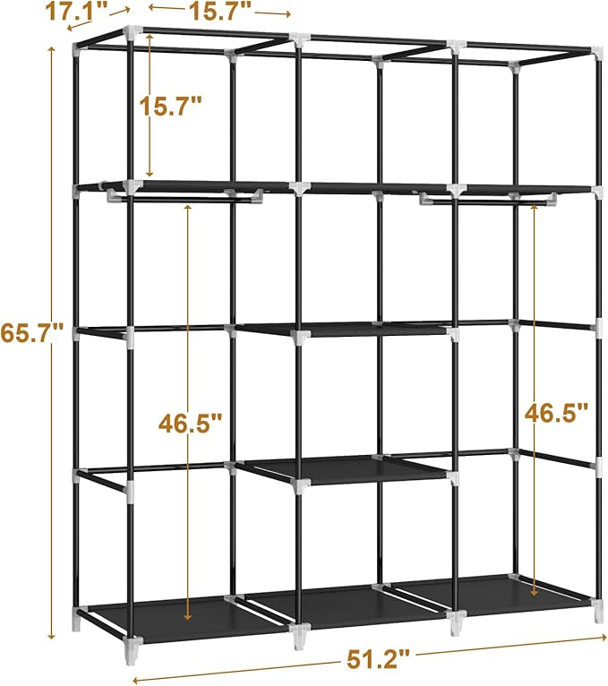 MOGELAFOO Portable Closet Wardrobe, 51-Inch Clothes Organizer with 2 Hanging Rods and 8 Shelves, Non-Woven Fabric Cover, Medi