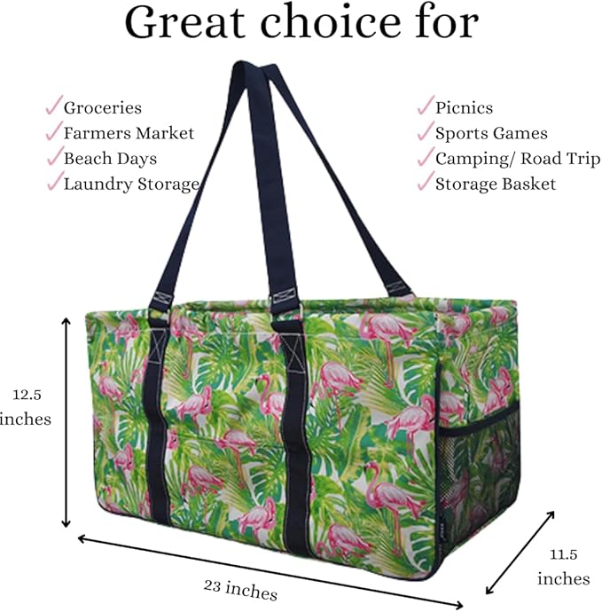 NGIL Extra Large Utility Tote Reusable Grocery Bag Oversized Collapsible for Groceries, Storage, Picnic, Beach (Flamingo Paradise-navy)